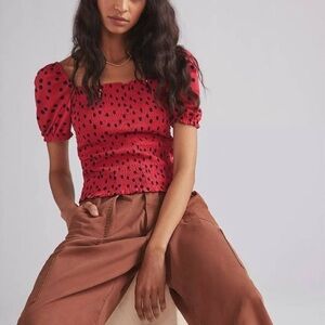 Anthropologie Dolan Cherry Red & Navy Polka Dot Smocked Puff Sleeved Top Size XS